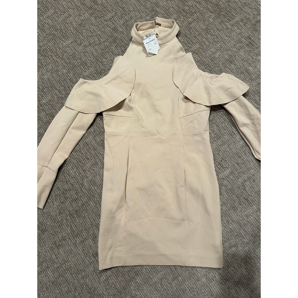 NWT Free People Womens Ruffle Cold Shoulder Bell Sleeve Mini Dress Beige Size M